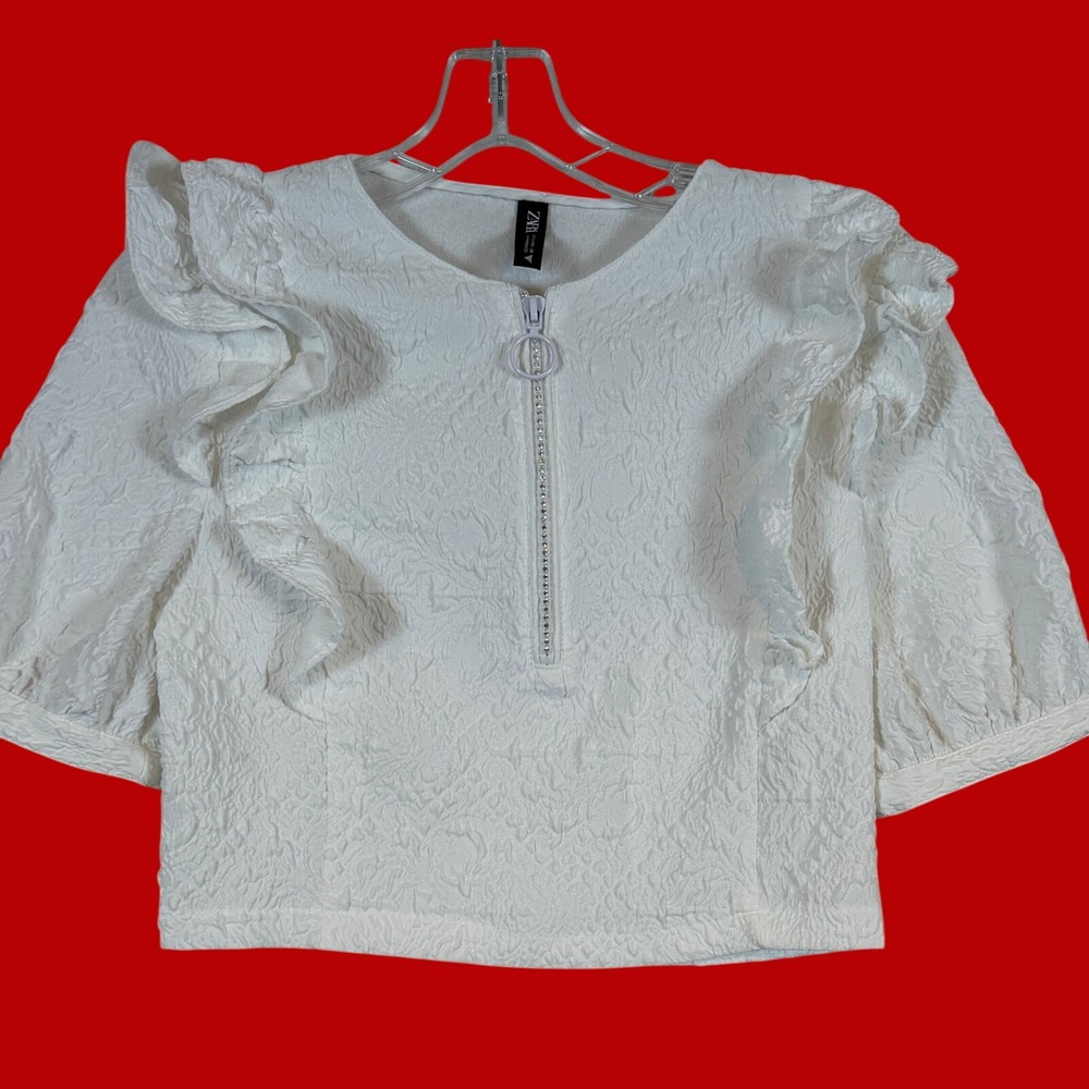 Zara Womens White Textured Ruffle Puff Sleeve Rhinestone Zip Blouse •S• Coquette